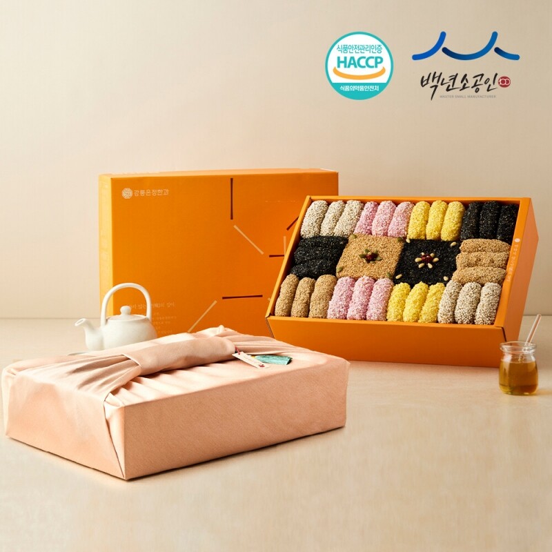 사임당에프앤비,강릉은정한과 능소화 3단 선물세트+보자기 (전통 유과 수제 답례품 명절 설날 추석선물)