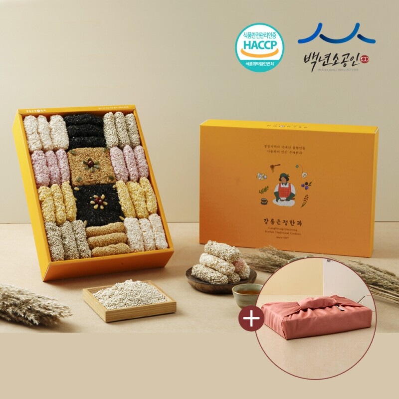 사임당에프앤비,강릉은정한과 정성담은 3단 선물세트+보자기포장 (전통 유과 수제 답례품 명절 설날 추석선물)